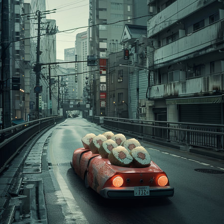 Car on the street in Tokyo, Japan. 3D rendering.の素材