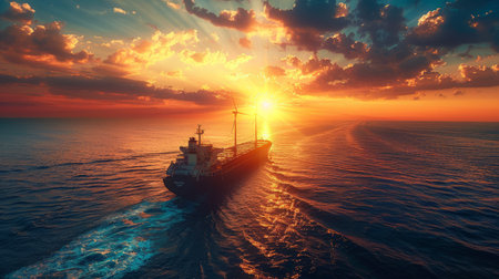 Cargo ship sailing in the sea at sunset. 3D renderingの素材