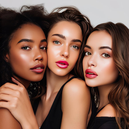 Three young multiethnic women with beautiful makeup and hairstyle.の素材