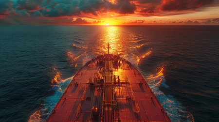 3d illustration of a cargo ship sailing in the sea at sunsetの素材