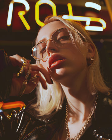 Fashionable blonde woman in sunglasses and leather jacket posing at night club.の素材