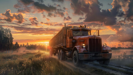 Truck on the road at sunset. 3d rendering illustration.の素材