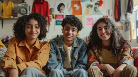 Portrait of smiling multiethnic students sitting on sofa in classroomの素材