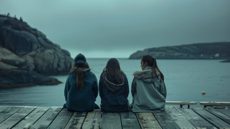Three young women sitting on the pier and looking at the sea.の素材