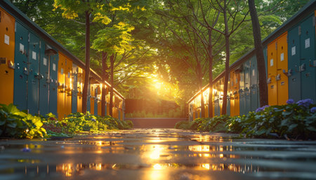 Reflection of sun in the rain with row of yellow lockersの素材