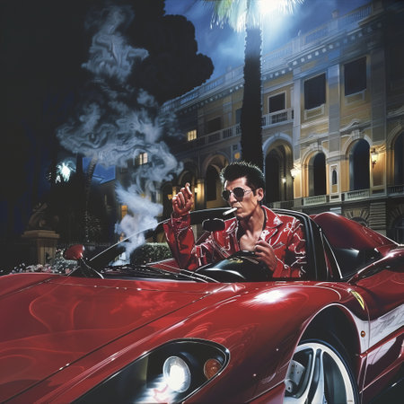 Man smoking a cigarette in a red cabriolet car at nightの素材
