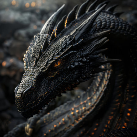 Black dragon statue on the black background. 3d rendering and illustration.の素材