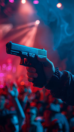 Hand holding a gun on the background of a crowd in a nightclubの素材