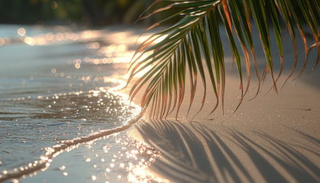 Palm tree leaf on the beach at sunset. Tropical background.の素材