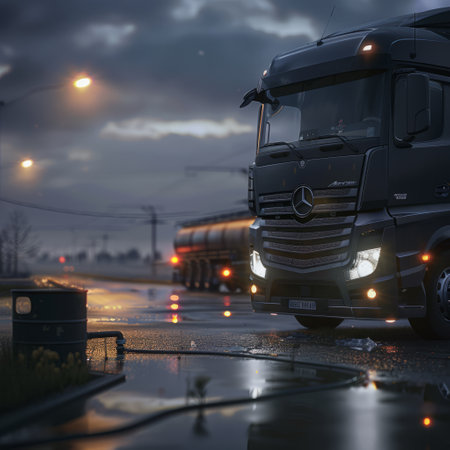 Truck on the road at night with a reflection in the puddleの素材