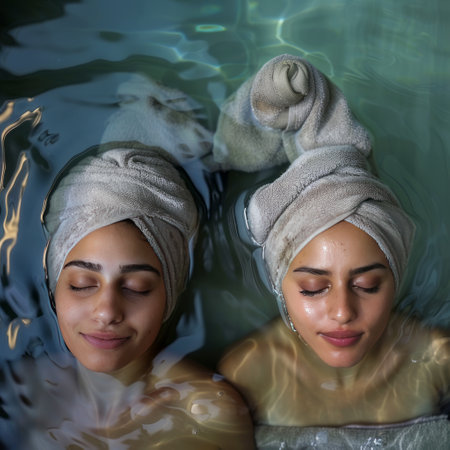 Two young women relaxing in a spa pool with towels on their headsの素材