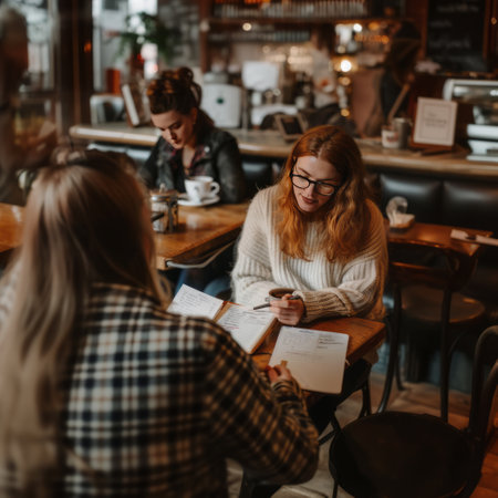 Two young female friends sitting in a cafe, talking, drinking coffee and writing notesの素材