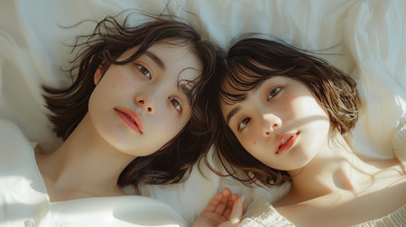 Portrait of two beautiful young asian women lying on bed and looking at cameraの素材