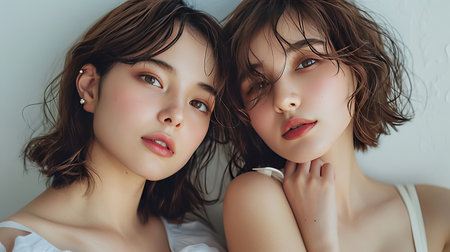 beautiful twin sisters with closed eyes looking at camera isolated on greyの素材