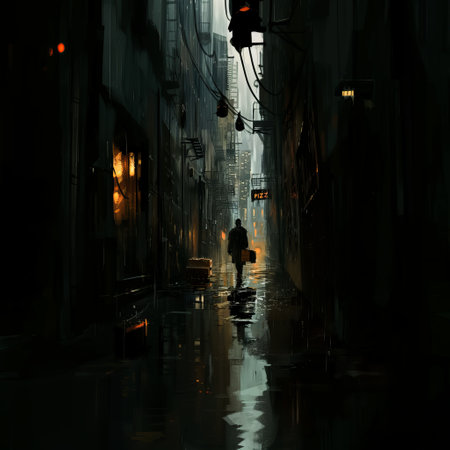 Digital painting of a man walking on a street in the evening.の素材
