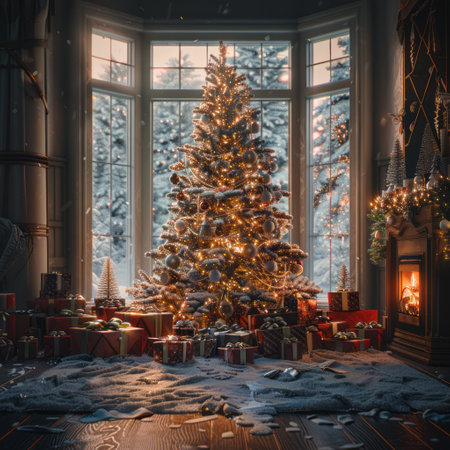 Christmas tree with gifts in the interior of the room with a large windowの素材