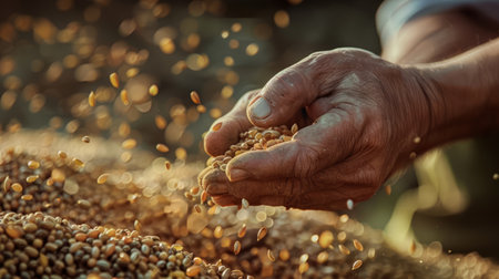 Farmer hands holding freshly harvested coffee beans on a sunny day.の素材