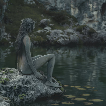 Naked woman sitting on a rock by a lake in the mountainsの素材