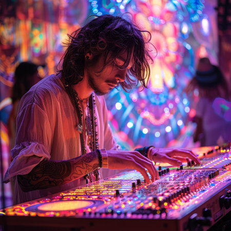 DJ playing music on a mixer in a nightclub with colorful lights.の素材
