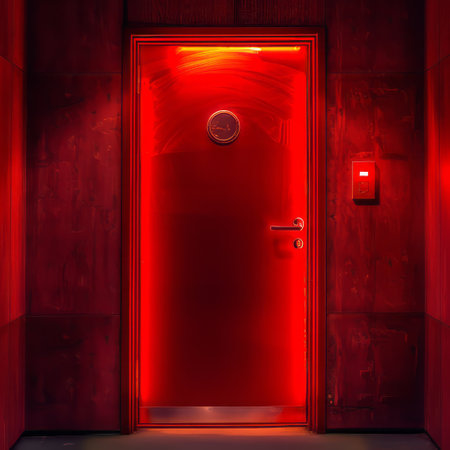 Hotel door with red light. 3D rendering. Vintage style.の素材
