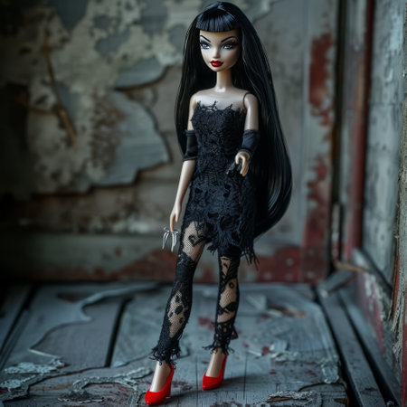 A closeup shot of a doll wearing a black dress and high heelsの素材