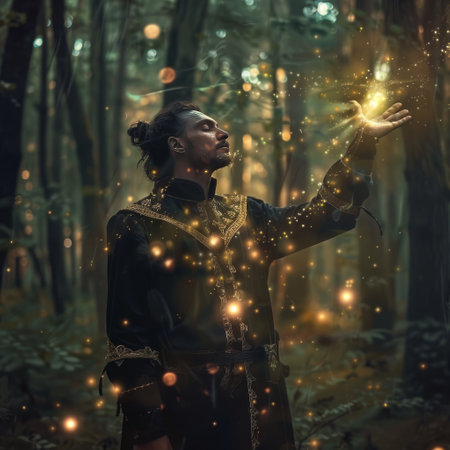 Portrait of a man in a medieval costume with a torch in the forestの素材
