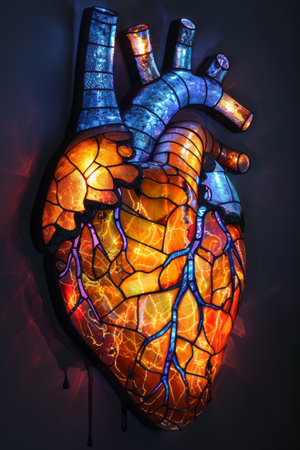Human heart in neon light on a dark background. 3d illustrationの素材