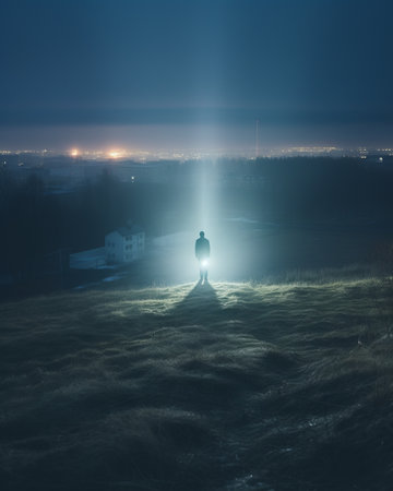 Man standing on the edge of a misty field in the eveningの素材