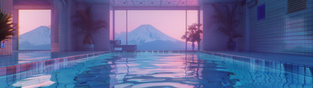Swimming pool in a hotel with mountains in the background. 3d renderingの素材