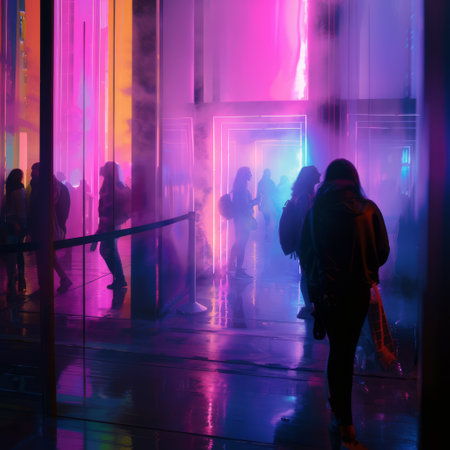 Silhouettes of people in a corridor with neon lights and smokeの素材