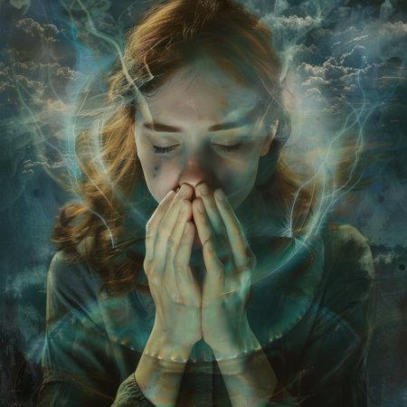 Portrait of a beautiful young woman with closed eyes and hands in prayerの素材