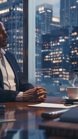Businessman sitting at office desk in front of window with city viewの素材
