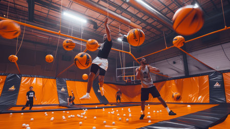 Horizontal view of young man jumping on a trampoline while playing basketballの素材