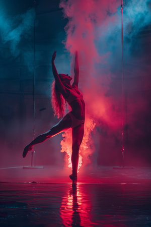 Young woman dancing contemporary dance in a dark room with red smoke.の素材