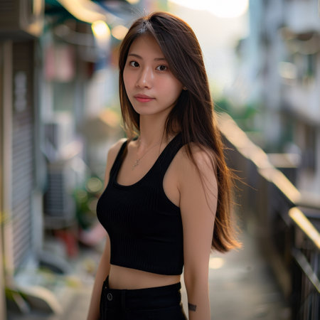 Portrait of thai adult beautiful girl black shirt relax and smileの素材