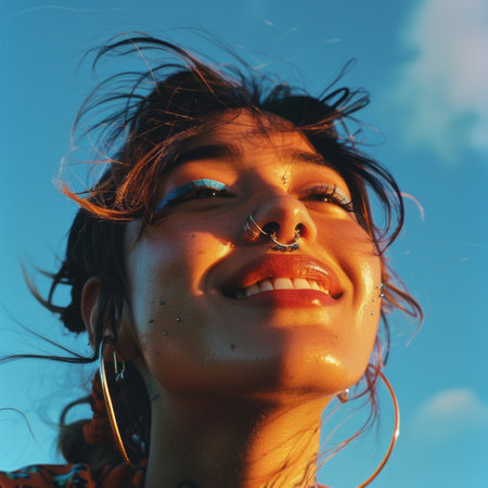 Young woman with bright makeup on blue sky background. Beauty, fashion.の素材