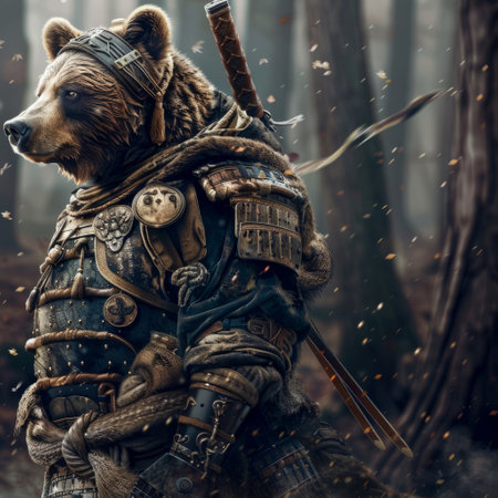 Portrait of a hunter in the forest with a big bear.の素材