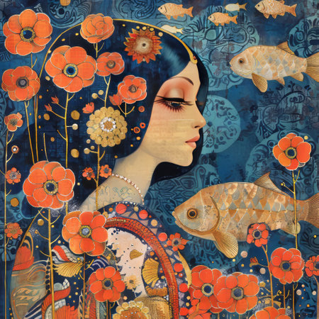 Beautiful girl with a bouquet of poppies and fishの素材