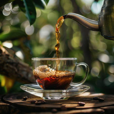 Pouring hot black tea into a cup on a wooden table.の素材