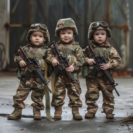 Three little boys in military uniform with assault rifles in an abandoned buildingの素材