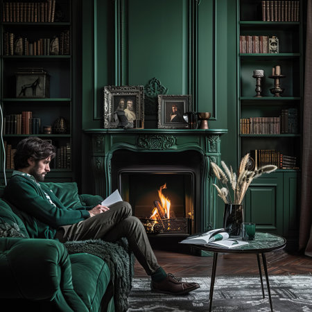 Young man reading a book by the fireplace in a classic interior.の素材
