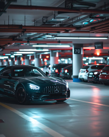 Cars parked in underground parking lot at night. Selective focusの素材