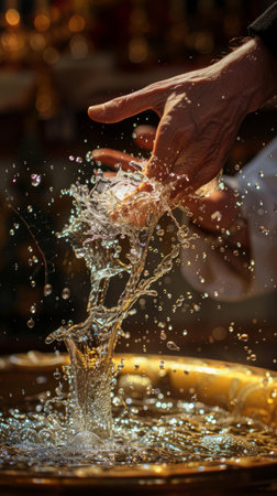 Close up of the hand of a professional barista pouring water into a cupの素材