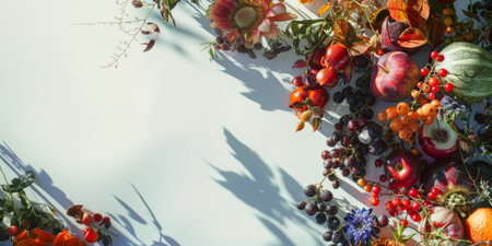 Autumn composition with pumpkins, berries and leaves on white backgroundの素材