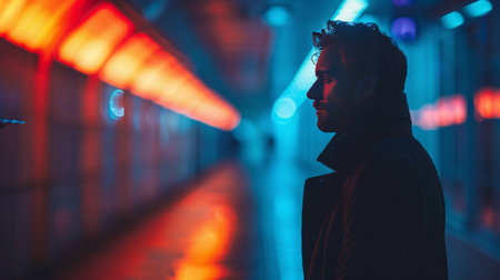 Young man standing in the middle of a tunnel with neon lights in the backgroundの素材