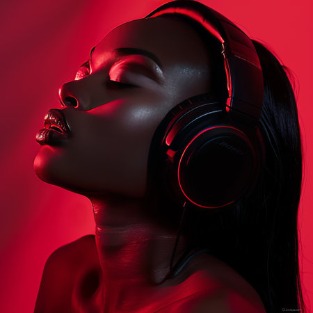 Fashion portrait of a beautiful girl with headphones on a red background.の素材