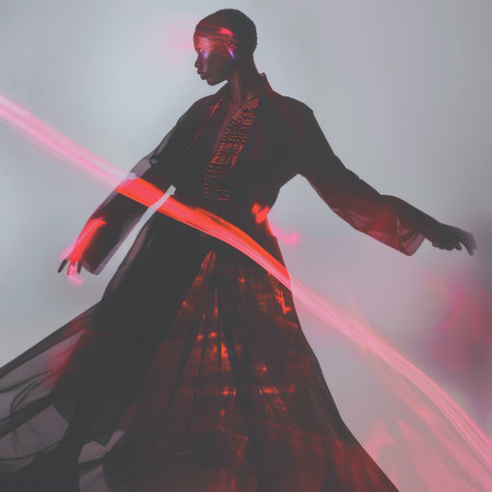Young man dancing flamenco in the studio with colored light effectsの素材