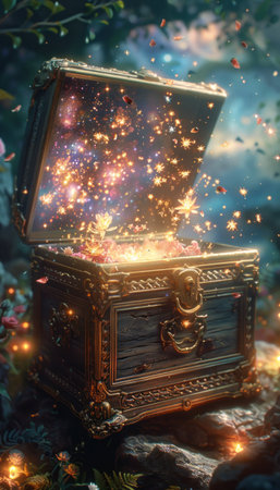 Treasure chest with magic light inside. Fairy tale and fantasy.の素材
