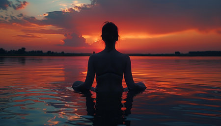 Silhouette of a woman sitting in the water at sunset.の素材