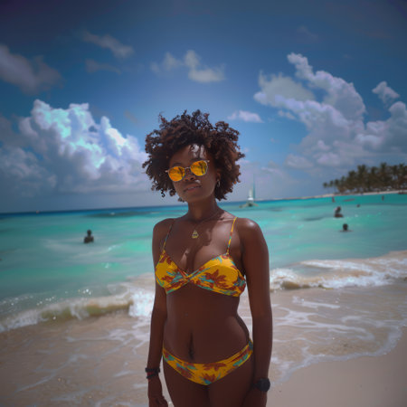 Beautiful african american woman in bikini on the beach at Maldivesの素材